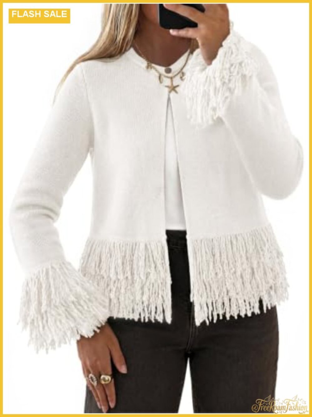 Fringe Crochet Knit Cardigan Women Crew Neck Button Down Boho Long Sleeve